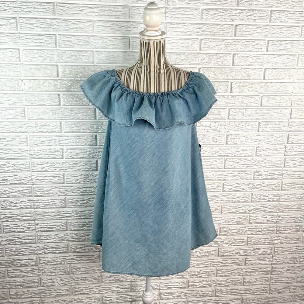 Express Blue Chambray Faux Denim Off the Shoulder Ruffled Mini Dress Extra Small